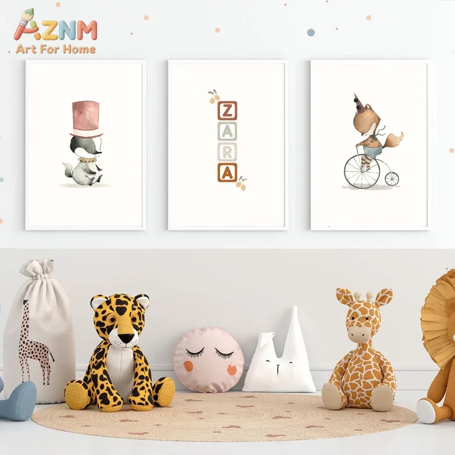 Baby Name Wall Art - AZNM 프레임리스 캔버스 포스터 수채화 서커스