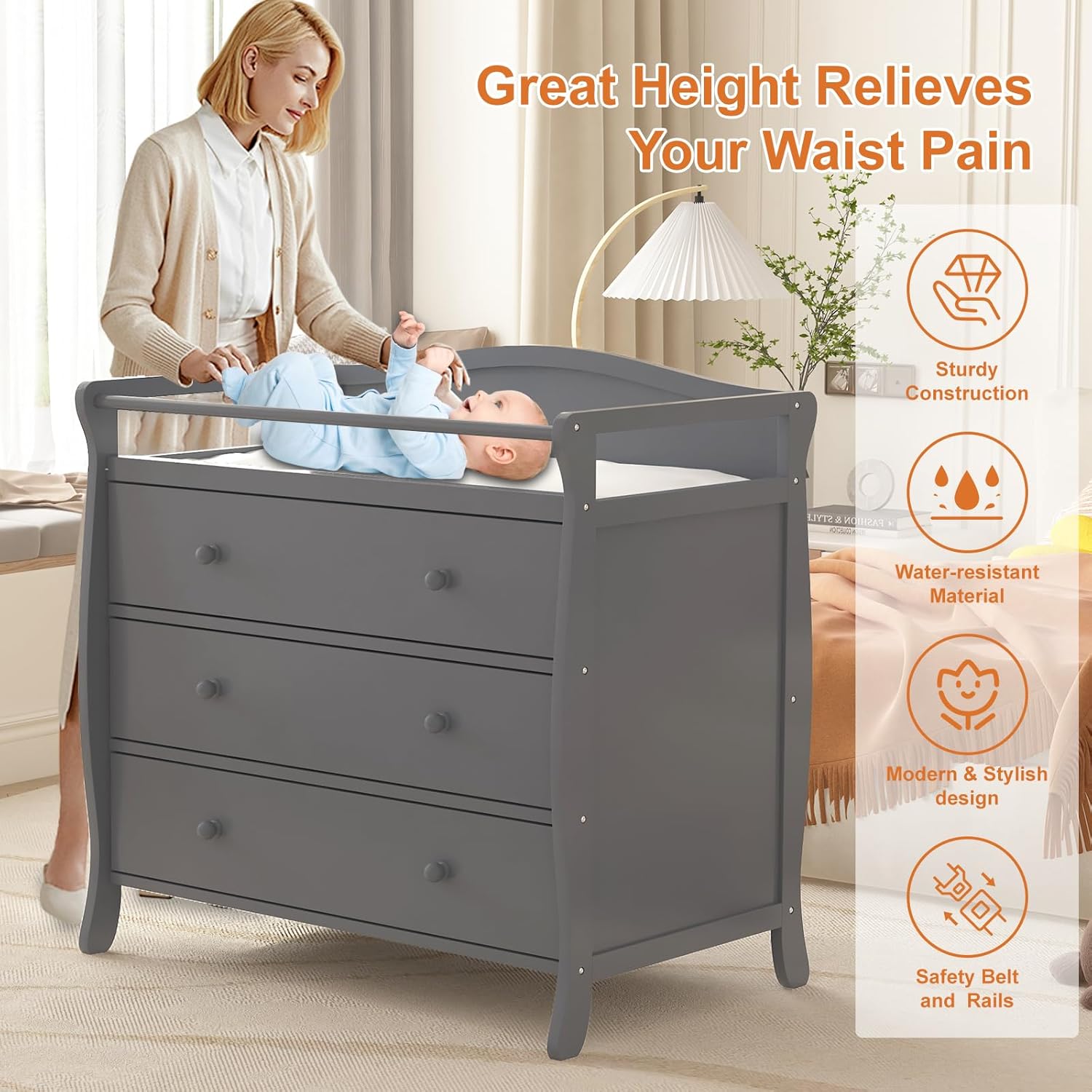 Baby Nursery Dresser Changing Table - 3단 서랍 아기 기저귀 교환대, 안전벨트