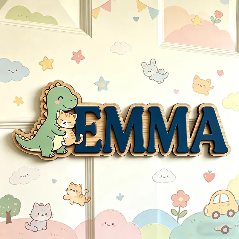 Baby Name Wall Art - 귀여운 공룡이 고양이를 안고 있는 맞춤
