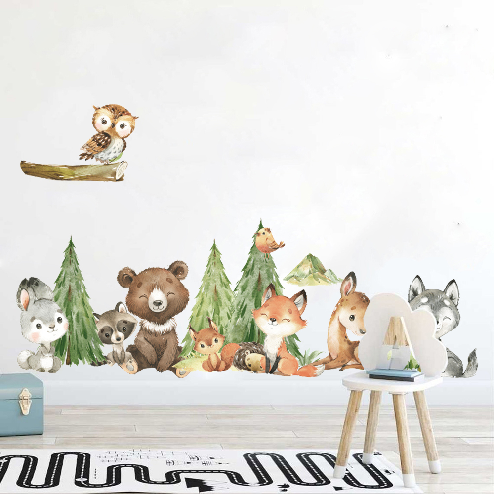 Baby Nursery Set Furniture - 만화 수채화 숲 동물 벽 스티커,