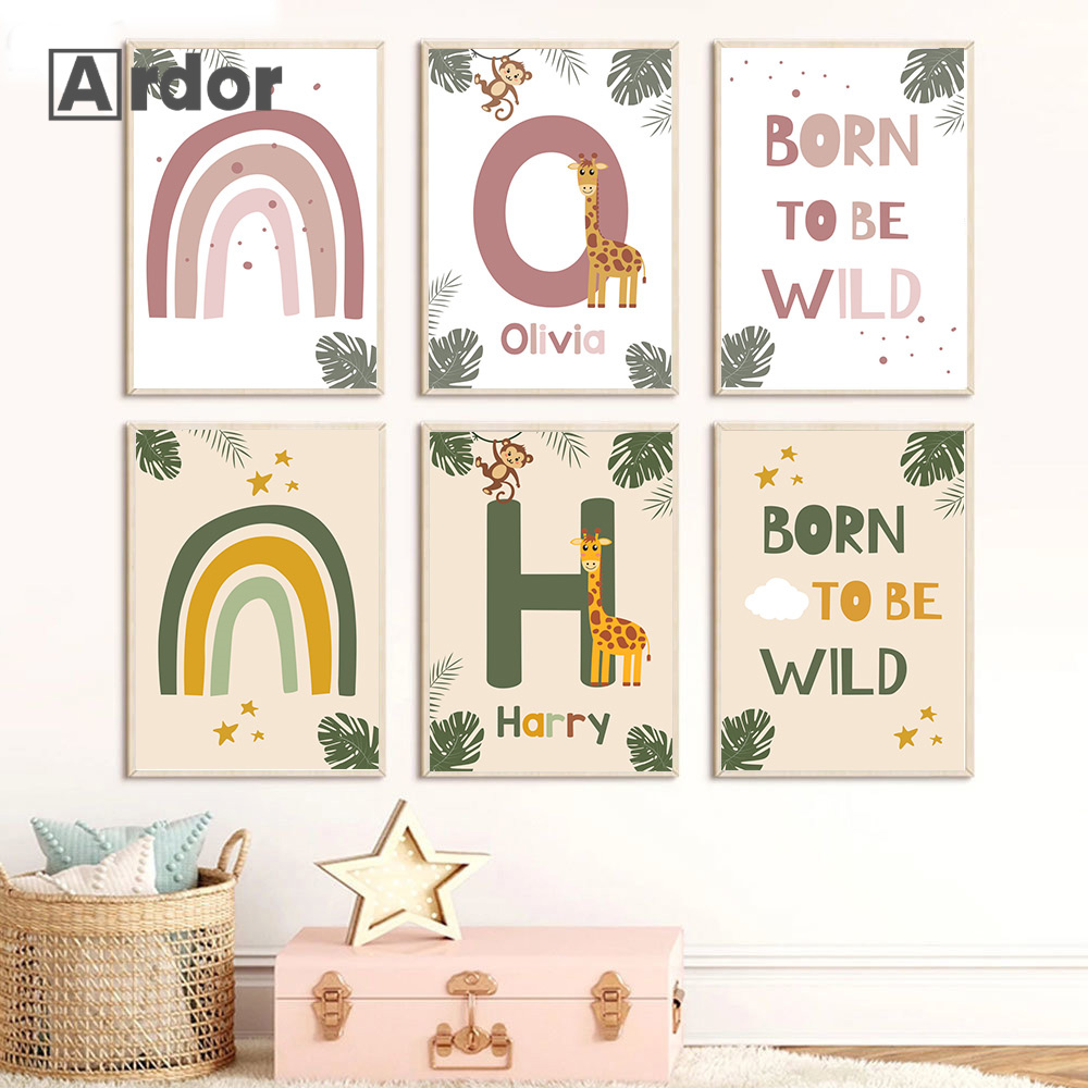 Baby Name Wall Art - 북유럽 정글 동물 포스터 맞춤 이름