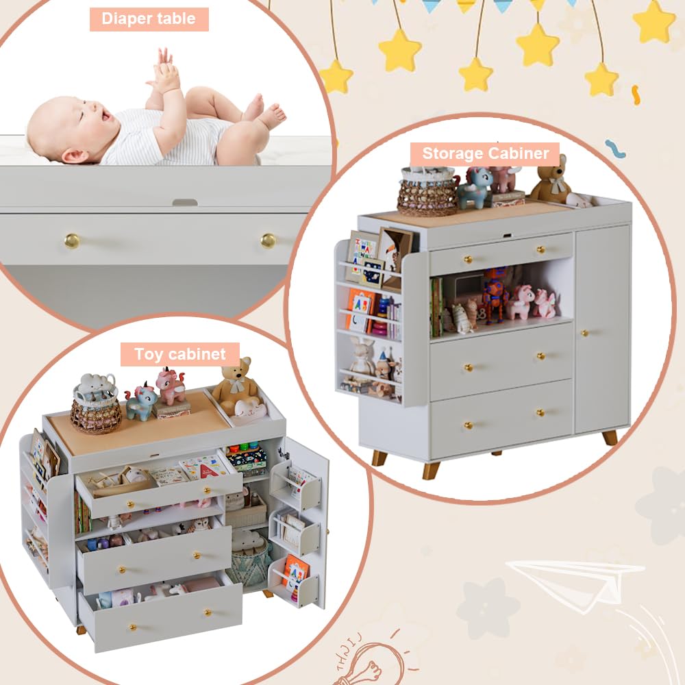 아기방용 수납장, 기저귀 교환대 포함, 3단 서랍과 선 - Baby Nursery Dresser Changing Table 리뷰 및 가격