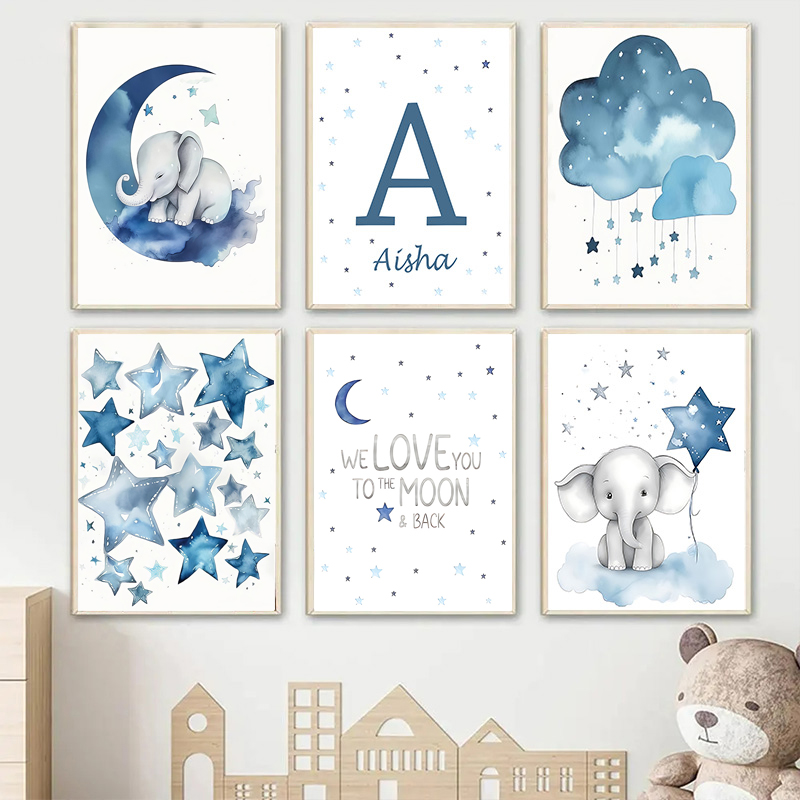 푸른 달과 별 아기 이름 사용자 정의 벽 아트 포스터  - Baby Name Wall Art 리뷰 및 가격