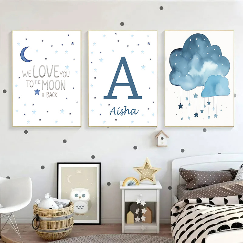 푸른 달과 별 아기 이름 사용자 정의 벽 아트 포스터  - Baby Name Wall Art 리뷰 및 가격