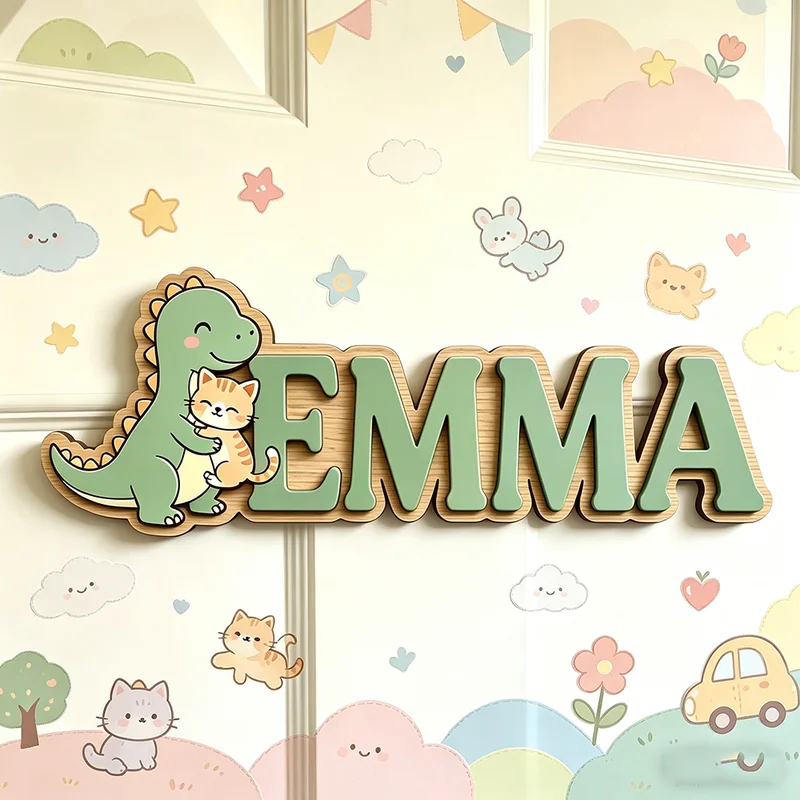 귀여운 공룡이 고양이를 안고 있는 맞춤 이름 명판, 3 - Baby Name Wall Art 리뷰 및 가격