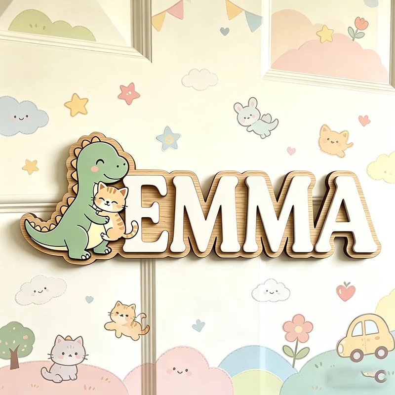 귀여운 공룡이 고양이를 안고 있는 맞춤 이름 명판, 3 - Baby Name Wall Art 리뷰 및 가격