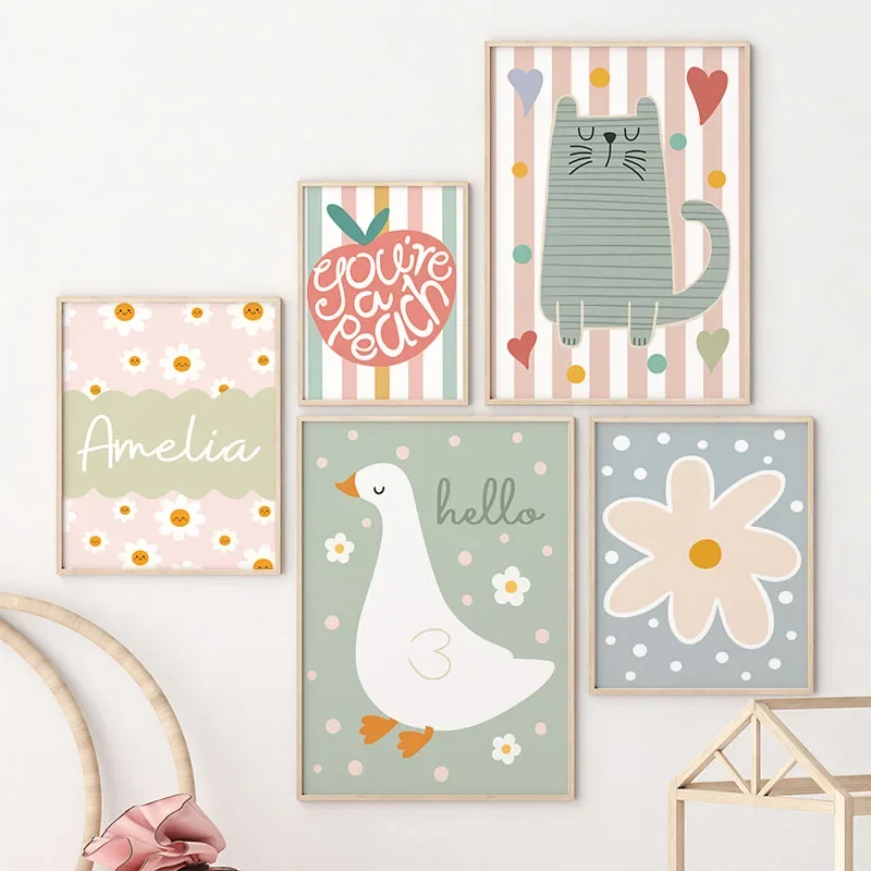 만화 고양이 오리 새 사과 맞춤 아기 이름 유아방 벽  - Baby Name Wall Art 리뷰 및 가격