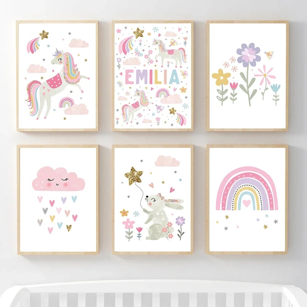 핑크 유니콘 토끼 무지개 구름 꽃 보육원 벽 예술 캔버 - Baby Name Wall Art 리뷰 및 가격