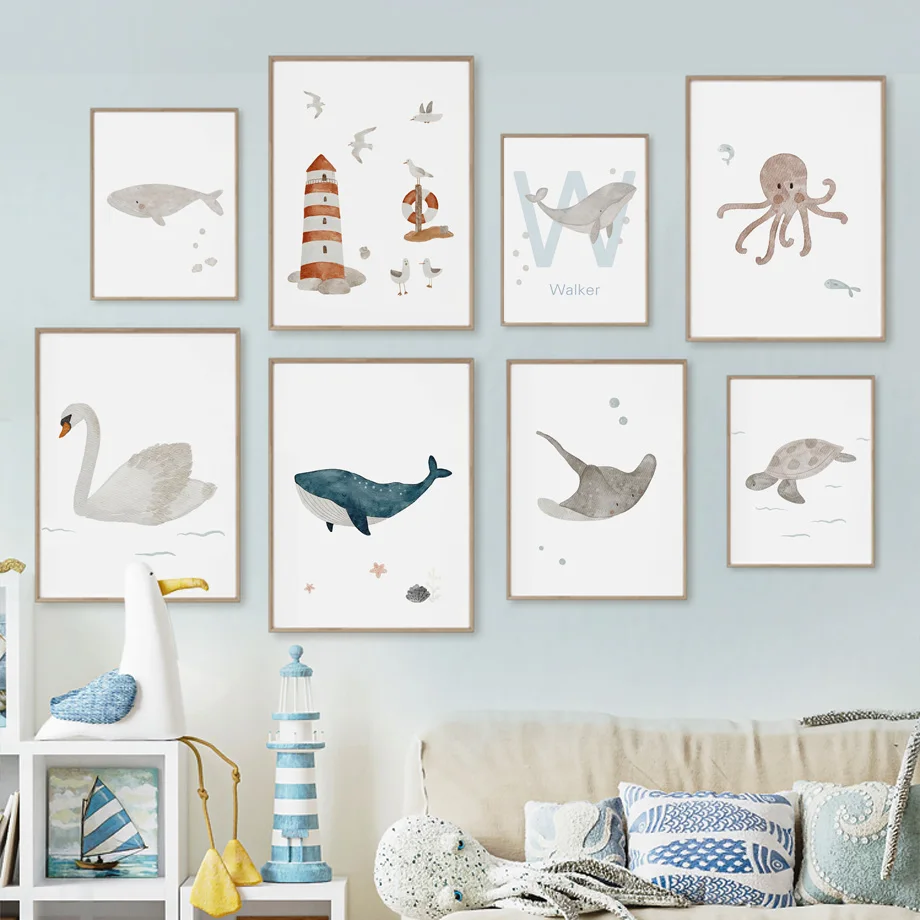 사용자 정의 이름 고래 문어 거북이 백조 바다 동물 보 - Baby Name Wall Art 리뷰 및 가격