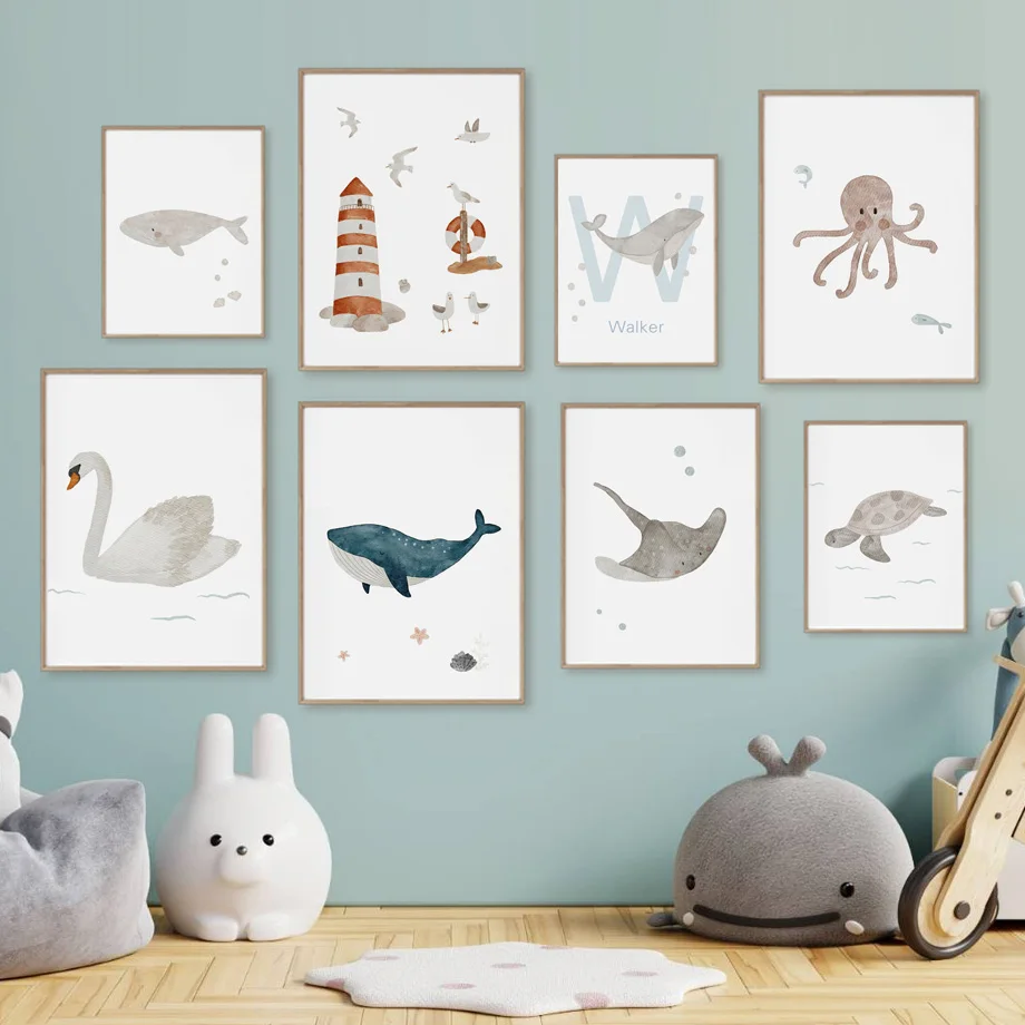 사용자 정의 이름 고래 문어 거북이 백조 바다 동물 보 - Baby Name Wall Art 리뷰 및 가격