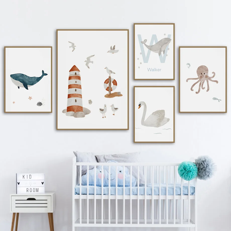 사용자 정의 이름 고래 문어 거북이 백조 바다 동물 보 - Baby Name Wall Art 리뷰 및 가격